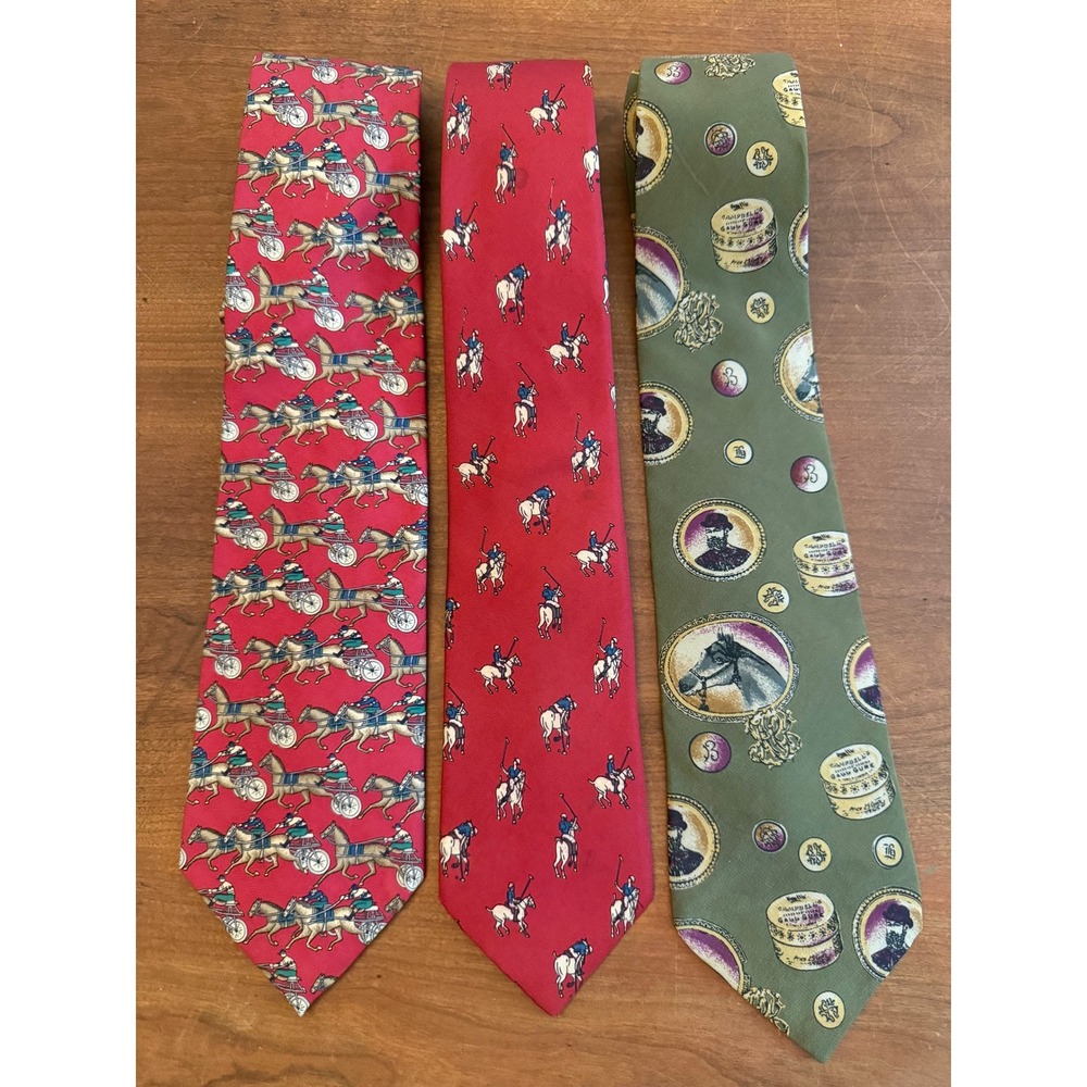 Mens Silk Tie Lot 3 Equestrian Polo Horse Racing Red Green Stonehenge Brandini